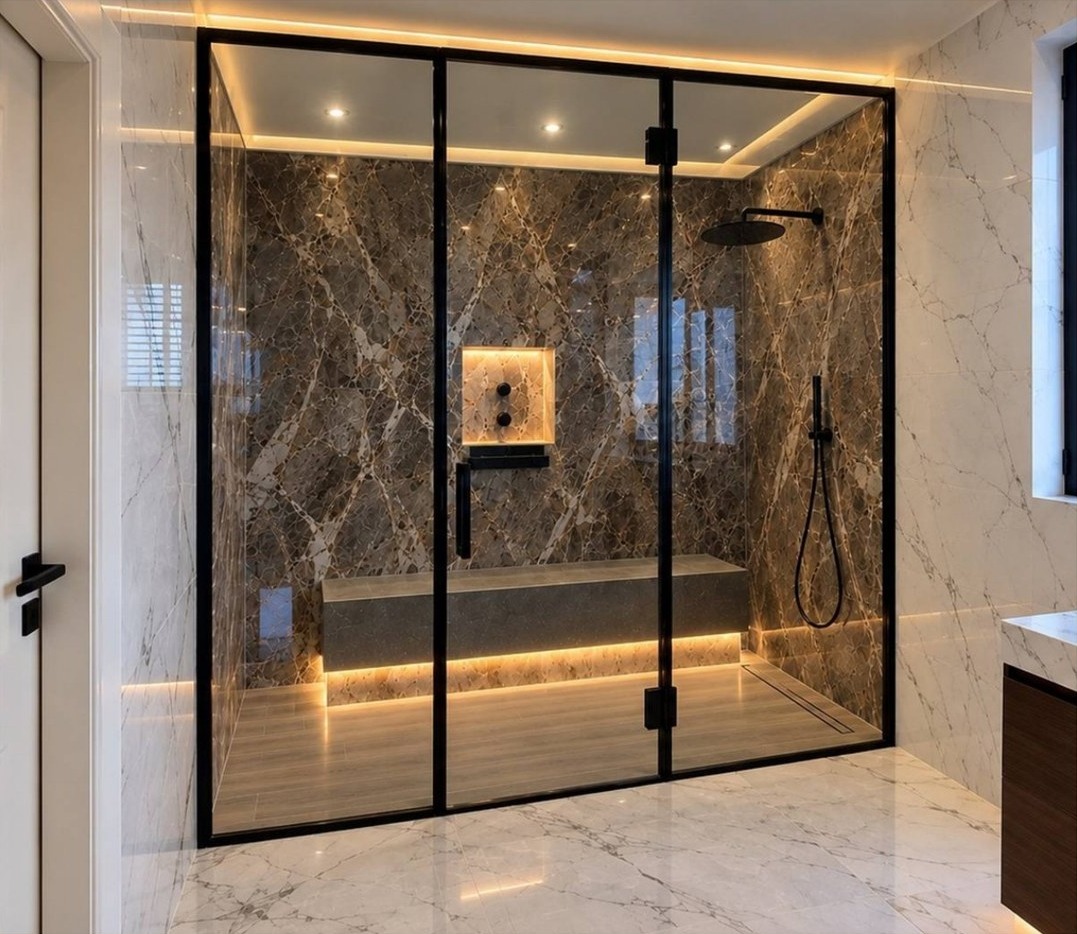 Douche hammam sur mesure : marbre, vitrage noir et éclairage indirect